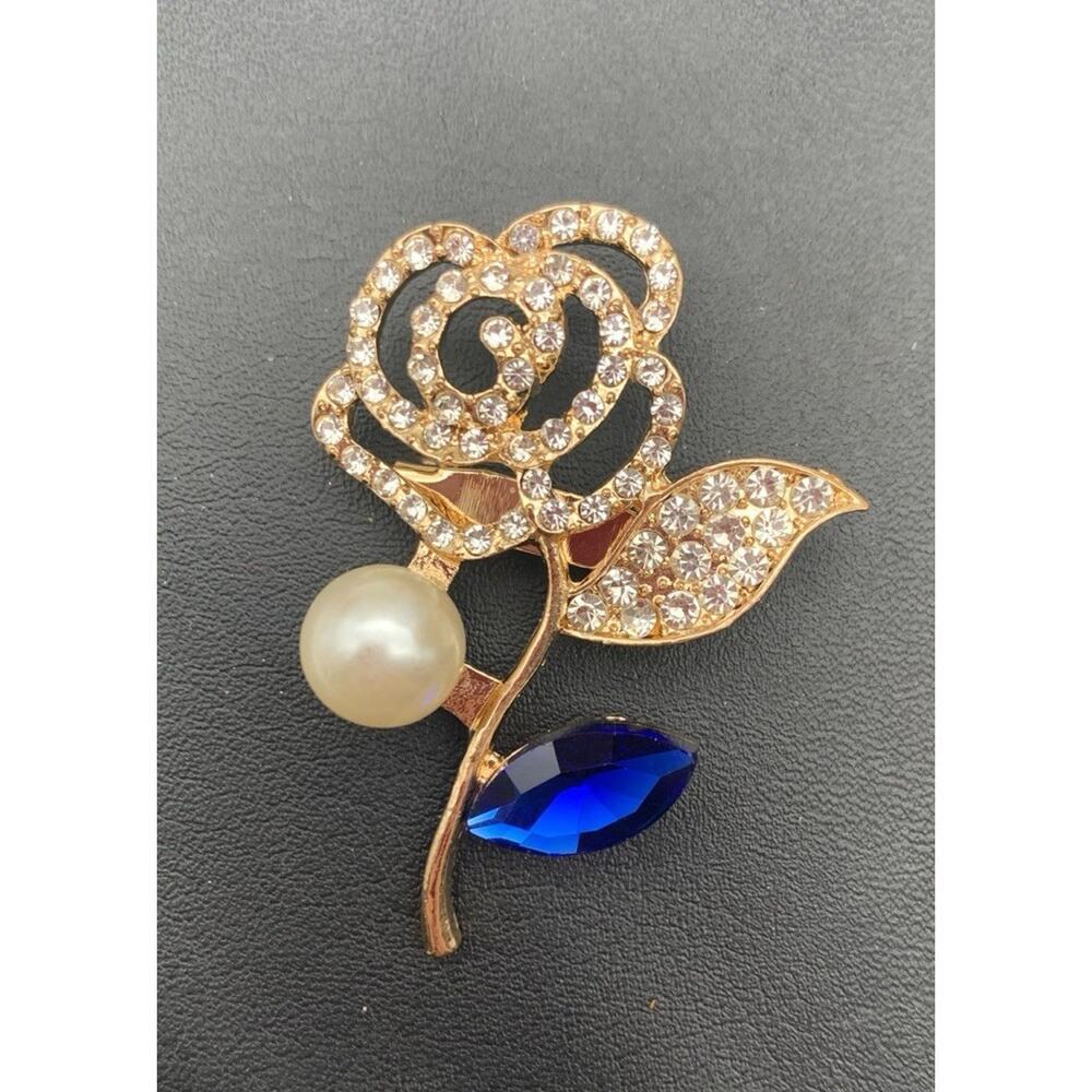 Gold Tone Blue And Clear Rhinestone Faux Pearl Contemporary Flower Brooch